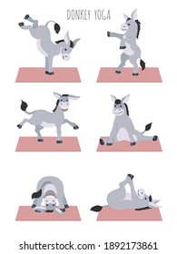 Donkey yoga poses and exercises. Cute cartoon clipart set. Vector illustration