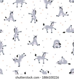 Donkey yoga poses and exercises seamless pattern. Cute cartoon clipart set. Vector illustration