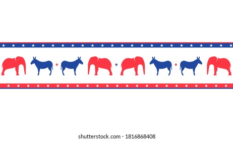 Donkeys and elephants. Decorative border with animals in blue and red. Bright background in a modern style. 