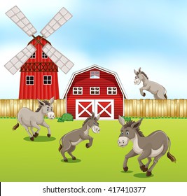 Donkeys in the farmyard illustration