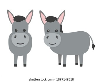 Donkeys flat character set. Cute farm animals. Vector cartoon illustration isolated on white