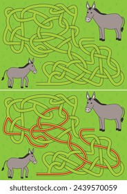 Laberinto de burros para niños con una solución