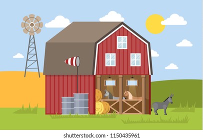 Donkeys standing in the stall barn. Summer in the farm. Donkey waking around the house and eating grass. Vector flat illustration