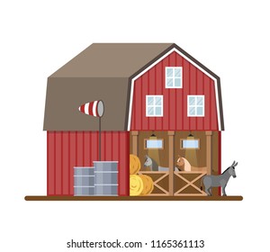 Donkeys standing in the stall barn. Summer in the farm and domestic animals. Isolated vector flat illustration