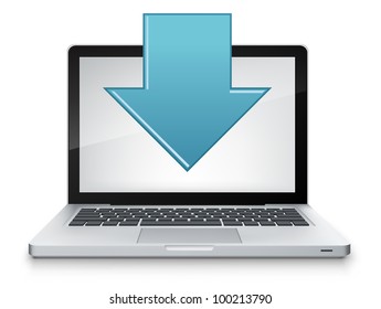 Concepto de descarga. Portátil con fondo gradiente gris. Vector.