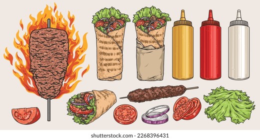 Donner kebab set emblems colorful beef meat on spit and shawarma in wheat tortilla with onions and tomatoes vector illustration