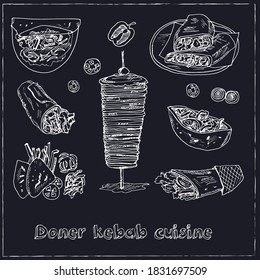 Donner kebeb cuisine Menu doodle icons Vector illustration on chalkboard