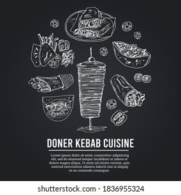 Donner kebeb cuisine Menu doodle icons Vector illustration on chalkboard