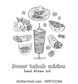 Donner kebeb cuisine Menu doodle icons Vector illustration on chalkboard