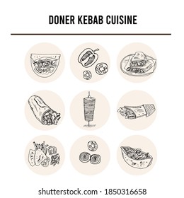 Donner kebeb cuisine Menu doodle icons Vector illustration on chalkboard