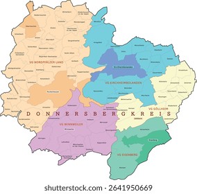 Donnersbergkreis district map of Rhineland-Palatinate (Rheinland-Pfalz) state. Federal Republic of Germany. Colored. Vector