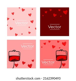 Donor blood sketch vector set of illustrations. Urgent transplantation hand drawn square background. Health care system media banner