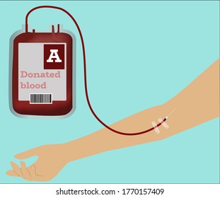 Una concepción de donante. Una bolsa de sangre pegada a la mano de un paciente. Ilustración vectorial.