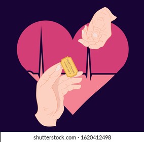 Donor Day Awareness Celebration Concept Vector Illustration.  A Helping Hand Holding A Golden Ticket To Life. Pink Heart Design With Signs Of Life. Kindness, Solidarity And Altruism Symbols. 