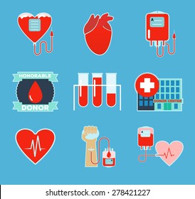 Donor day set of flat blood donation icons with heart, laboratory tubes donor center 