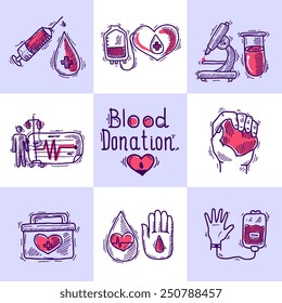 Donor design concept set with blood and organ donation sketch icons isolated vector illustration
