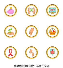 Donor donate icons set. Cartoon set of 9 donor donate vector icons for web isolated on white background