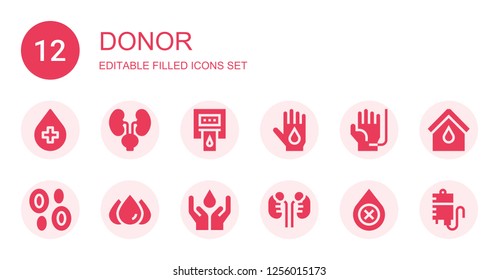 donor icon set. Collection of 12 filled donor icons included Blood donation, Kidneys, Blood, Blood transfusion