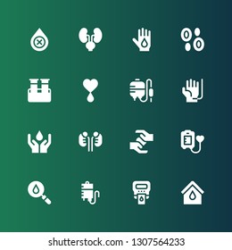 donor icon set. Collection of 16 filled donor icons included Blood, Hemoglobin, Blood transfusion, Blood donation, Kidneys, sample