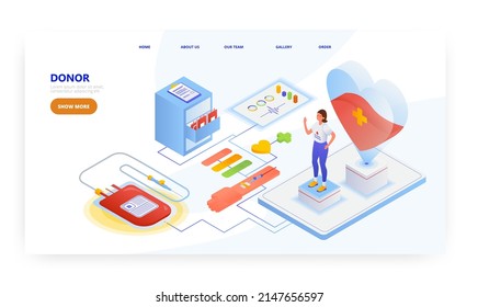 Spender, Landing Page Design, Website-Banner Vektorvorlage. Blutspende, Wohltätigkeit.