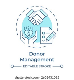 Donor management soft blue concept icon. Organization relationship improvement. Volunteer activity tracking. Round shape line illustration. Abstract idea. Graphic design. Easy to use in brochure