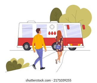 Donor People Go To The Mobile Blood Donation Bus. Charity And Relief Work Concept. Colored Flat Cartoon Vector Illustration Isolated On White Background