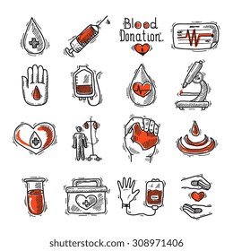Dibujo del donante conjunto de iconos decorativos con jeringuilla de gota de sangre y ilustración vectorial aislada de frecuencia cardíaca
