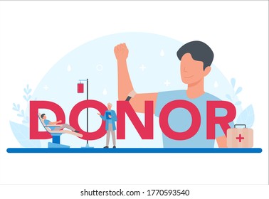 Concepto de cabecera tipográfica de donante. Den sangre y salven la vida, se conviertan en donantes. Idea de caridad y ayuda. Médico con un vial de sangre. Ilustración vectorial plana