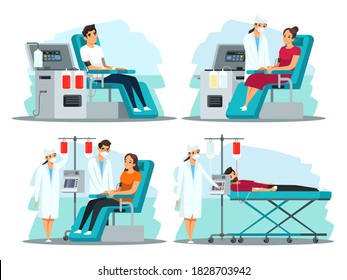 Donors Donating Blood In Hospital Illustration Set. Medical Healthcare Organization Vector. Woman Sitting In Chair, Man Lying, Doctor And Nurse Helping. Professional Laboratory Or Foundation.