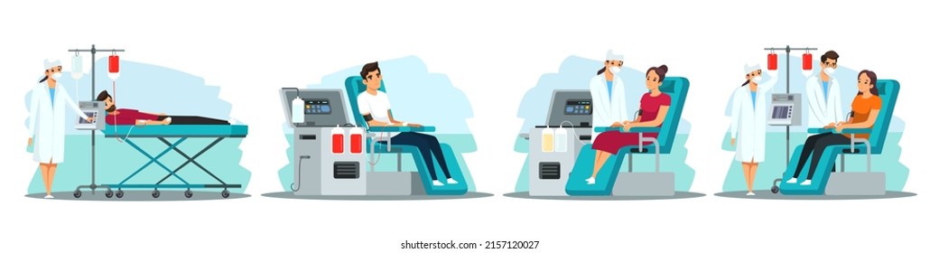 Donors Donating Blood In Hospital Illustration Set. Medical Healthcare Organization Vector. Woman Sitting In Chair, Man Lying, Doctor And Nurse Helping. Professional Laboratory Or Foundation