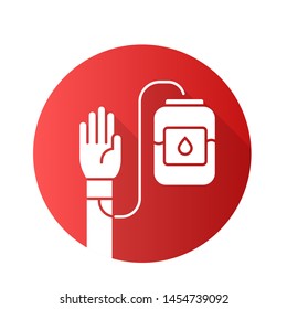 Donorship flat design long shadow glyph icon. Blood donation and transfusion. Volunteer activity. World Donor Day. Medical treatment. Donor hand and blood bag. Vector silhouette illustration