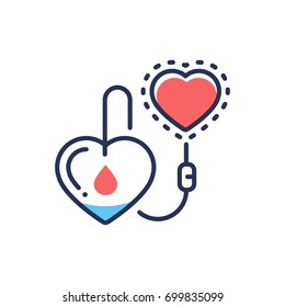 Donorship - modern   vector single line design icon. An image depicting a he , drop of blood, donor source, red and blue colors on a white background. Use it for your presentation.
