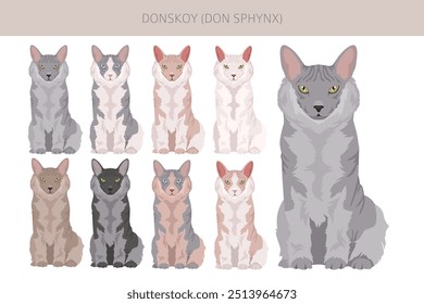 Donskoy, Don Sphynx Cat Clipart. Alle Fellfarben eingestellt.  Alle Katze Rassen Merkmale Infografik. Vektorgrafik