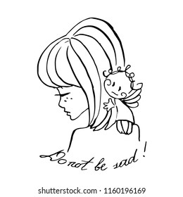 Don't be sad. Sad girl with angel on her shoulders. Hand drawn sketch. Stock vector illustration.