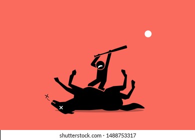 Don't beat a dead horse. Vector artwork showing a man beating an already dead horse with a stick. Concept of waste of time, no result, useless, and impossible. 
