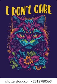 I Don't Care t shirt design, as vibrant neon colors with a retro style, suitable for printing on t-shirts, prints, posters