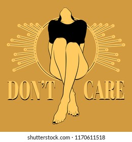 Don't care. Vector hand drawn illustration of pretty girl with rays . Template for card, poster, banner, print for t-shirt, pin, badge, patch.