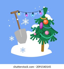 No cortes árboles. Árbol de Navidad adornado con deriva de nieve. Plantilla para afiches. Ilustración vectorial.
