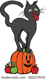 Don't cross this black cat on Halloween. This illustration features black cat standing on top of a pumpkin. 
