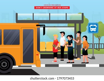 Don't crowding at bus stops. people waiting bus. Safety instruction for passengers. Social distancing maintain in public transport. Keep wearing face mask. Covid-19 precaution.Vector illustration