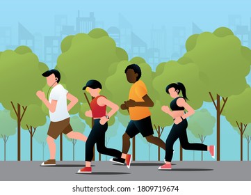 Don't crowding in running at park. avoid congestion while exercise. keep wearing medical face mask and the distance after pandemic of corona virus or COVID-19. Vector illustration