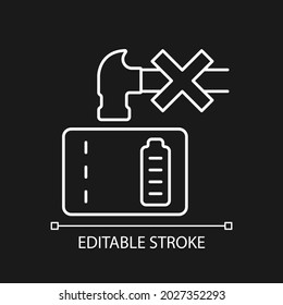 Dont crush powerbank white linear manual label icon for dark theme. Thin line customizable illustration. Isolated vector contour symbol for night mode for product use instructions. Editable stroke
