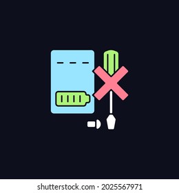 Dont disassemble charger RGB color manual label icon for dark theme. Isolated vector illustration on night mode background. Simple filled line drawing on black for product use instructions