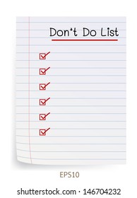 Don't do list with tick box on white lined paper. Vector illustration.
