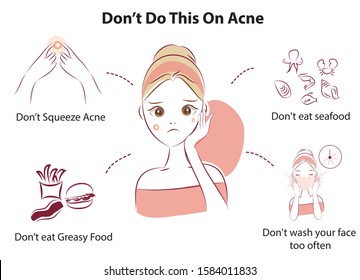 Don't Do This Thing On Acne. Don't Squeeze Pimples. Infographic. Beauty Cartoon Illustration