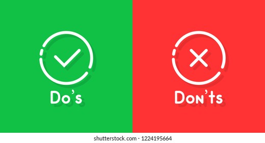 don't and don'ts information signs. flat cartoon linear customer complaint logotype graphic art design isolated on red and green background. concept of answer the question like bad vs good buttons