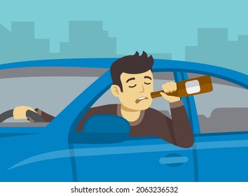 Trinken Sie nicht und fahren Sie nicht. Männliche Fahrer trinken Alkohol und fahren. Nahaufnahme des betrunkenen Mannes mit Flasche Alkohol. Flache Vektorgrafik-Vorlage.