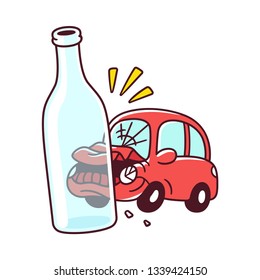 Don't drink and drive poster drawing. Drunk driving accident with car crash and bottle of alcohol. Vector illustration.
