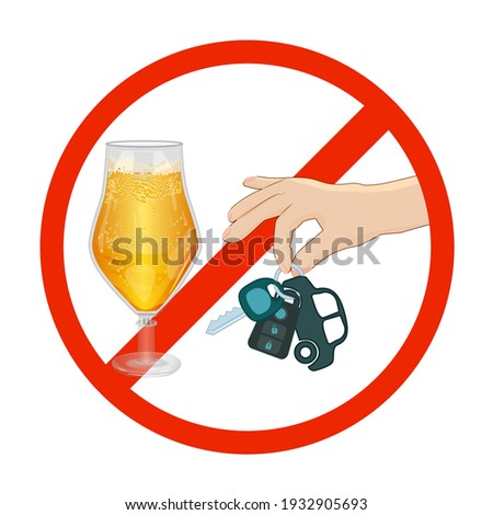 Don't drink and drive sign isolated on white background. Warning icon in red circle with beer glass and car keys. Prohibition symbol, pictogram. Be a responsible driver. Stock vector illustration