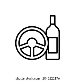 Don't drink and drive, steering wheel and bottle. Thin line icon. Modern vector illustration of warning symbol.